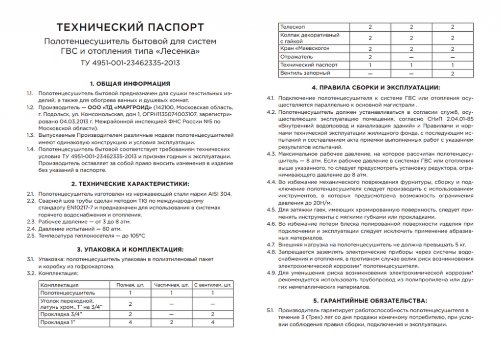 Технический паспорт изделия 